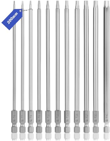 FIFIBANG 11Pcs Destornilladores Torx largos, 200mm Destornilladores con vástago hexagonal de 1/4”, T5 T6 T7 T8 T9 T10 T15 T20 T25 T27 T30 T40 Cabeza de seguridad torx magnética