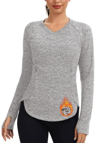SERSARY Camiseta térmica deportiva para mujer, manga larga, deportiva, térmica, protección UV, forro polar, camiseta funcional, jersey, manga larga, bolsillos, yoga, correr, manga larga, gris, XL