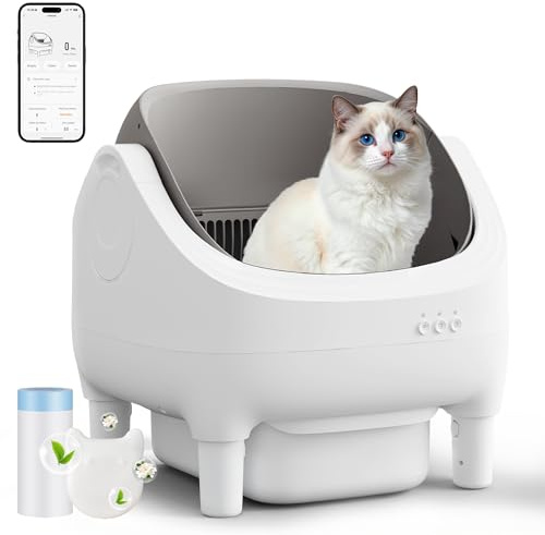 Arenero Gatos autolimpiable, Este arenero Gatos Cubierto con App y depósito de heces de 12L, Ofrece autolimpieza Continua más de 10 días, Ideal para hogares múltiples como arenero autolimpiable.