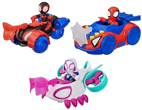 Marvel Spidey och hans fantastiska vänner, trepack med actionfigurer och leksaksfordon, tre poserbara figurer på 7,6 cm, tre fordon och tre tillbehör, superhjälteleksaker, från 3 år
