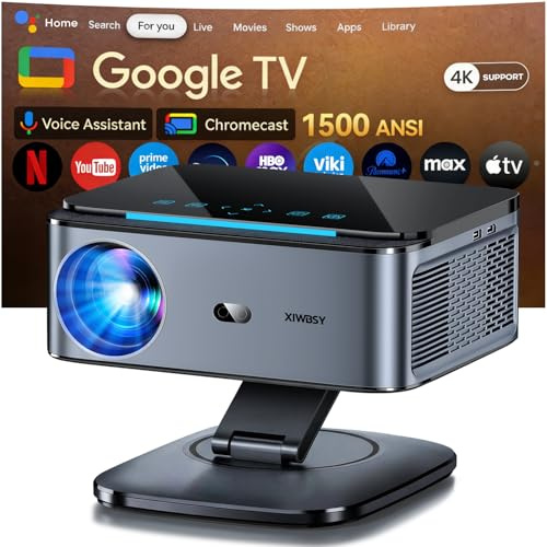 Beamer【1500 ANSI/Autofokus/360°-Drehung】 XIWBSY Projektor 4k Google TV/Sprachsteuerung, WiFi 6 Bluetooth 5, 38000 Lumen, Heimkino/Outdoor Beamer Netflix