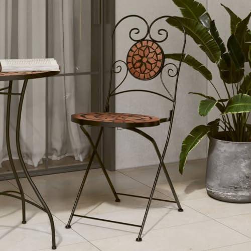 SKTQYQO Sedia da Bistrò Pieghevole con Piano in Ceramica Mosaico, Design Mediterraneo per Giardino Balcone Patio, Struttura in Ferro Verniciato Robusta, Colore Terracotta, 2 Pezzi