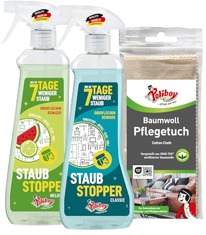 POLIBOY Dammstoppare, universalrengöringsset – med antistatisk effekt mot damm – möbelrengöring i dofterna Classic & melon-lime – universalrengöring inkl. bomullstrasa – 2 x 500 ml – tillverkad i