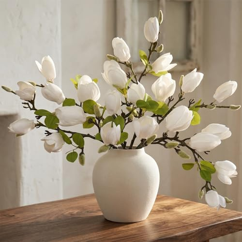 MEIVINES Artificial Magnolia Flowers 6PCS White Faux Flowers | Realistic Fake Magnolia Branches 26'' Artificial Magnolia Stems Silk Flowers Artificial Magnolia Plant for Home Office Decor