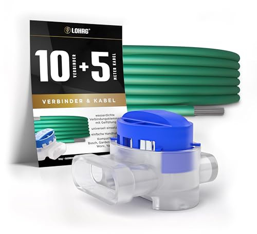 lohag® 10 Kabelverbinder + 5m Begrenzungskabel inkl. Reparaturset - wasserdichte Verbindungsklemmen mit Gelfüllung Gelklemmen - Kompatibel für Bosch, Gardena, Husqvarna, Worx, Yard Force
