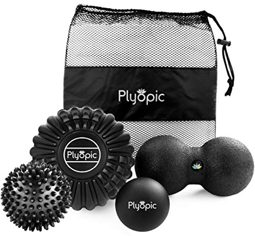Plyopic Massageball Set (4er) – 12cm Faszienball, 8cm Peanut Duoball, 9cm Igelball und Lacrosse Ball. Ideal für Faszientraining (Muskeln und Bindegewebe), Triggerpunkt und Myofasziale Selbstmassage