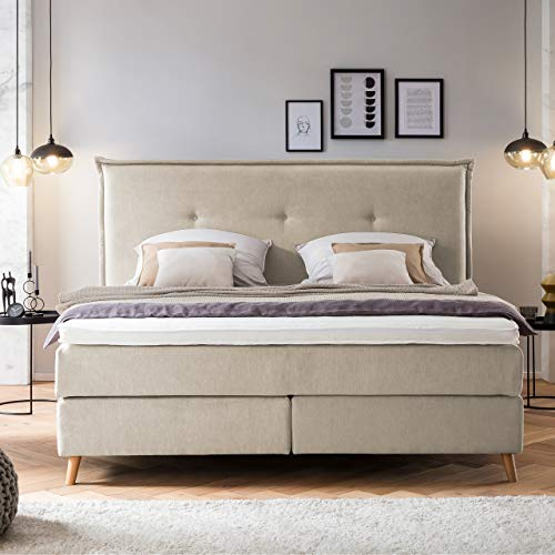 Möbelfreude Doluna Aurel Boxspringbett 180x200 cm Beige H2/H3 | 7-Zonen Tonnentaschenfederkern Matratze & Visko-Topper mit Klimaband | Kopfteil mit umlaufender Keder | Made in Germany