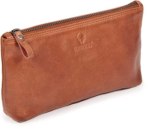 DONBOLSO® Edle Schminktasche Cannes I Hochwertige Echtleder Federmappe in Cognac I Schminktasche für Damen I Schickes, kleines Federmäppchen für die Handtasche