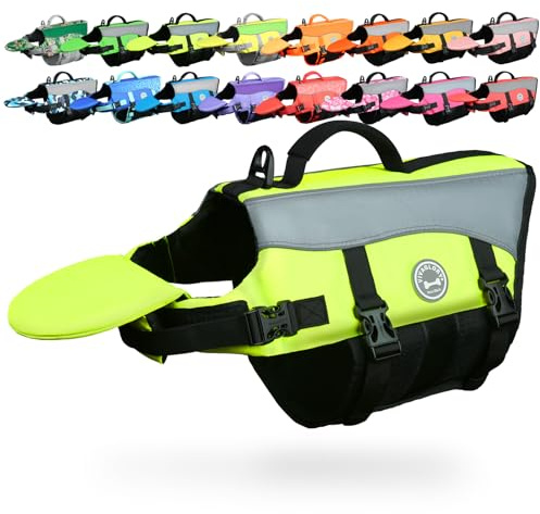 VIVAGLORY Front Float Schwimmweste Hund, Hundeschwimmweste für Bootfahren, Schwimmweste with Kopfstütze, Auftrieb & Schwimmhilfe, XXS, Neon-Gelb