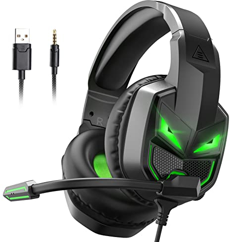 EKSA Gaming Headset Kabelgebunden, Headset mit Mikrofon für PS4, 3.5mm Klinke Kabel, 3D Surround Sound Kopfhörer mit Noise Cancelling Mic, Grünes Licht für PS5 Xbox PC Mac Laptop,Bequem,Fenrir Serie
