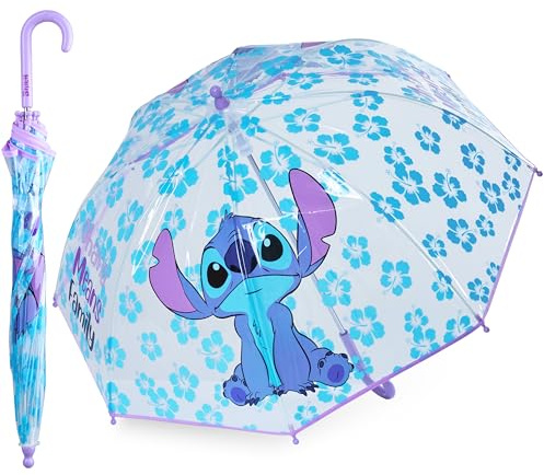Disney Clear Dome Umbrella for Girls - Folding Transparent Umbrella Lightweight - School Days Out (Blue/Purple Stitch)