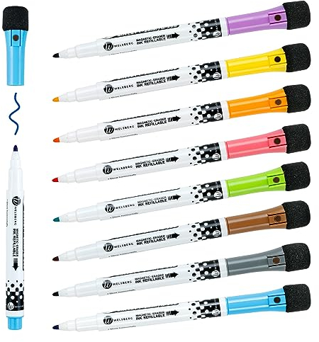 welsberg Whiteboard Marker 8 Farben Whiteboard Stifte mit Schwamm Magnete und Rundspitze 1-2mm, Dry Erase Marker für Magnettafel Flipchart, Trocken Abwischbar