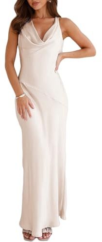 Vestido Largo de satén con Cuello Vuelto sin Mangas, Espalda Descubierta, para invitada de Boda, de Seda, Espalda Abierta, Lazo en la Espalda, Vestidos Formales para Mujer 2024, Champán, XS