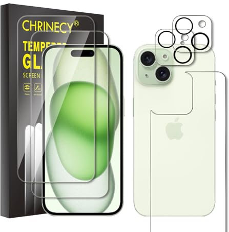 CHRINECY 2 Pack Tempered Glass for iPhone 15 Plus Screen Protector + 1 Pack Back Screen Protector + 2 Pack Camera Lens Protector, 9H Hardness, Anti-Scratch