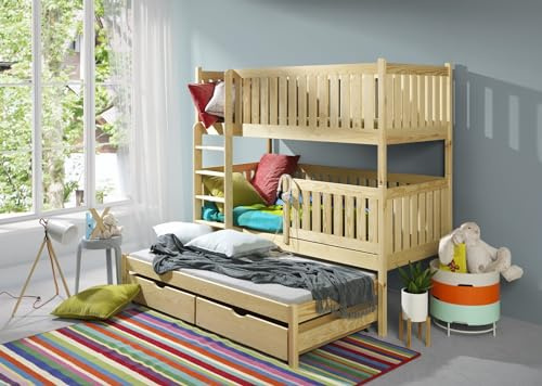 KEF Julia Etagenbett Kinder 90x190 cm - Etagenbett 3 Personen - Holz Kinderbett - für DREI Kinder - mit Schubladen - Ausziehbares Drittes Bett - mit Matratze - Kiefer - Leiter Rechts