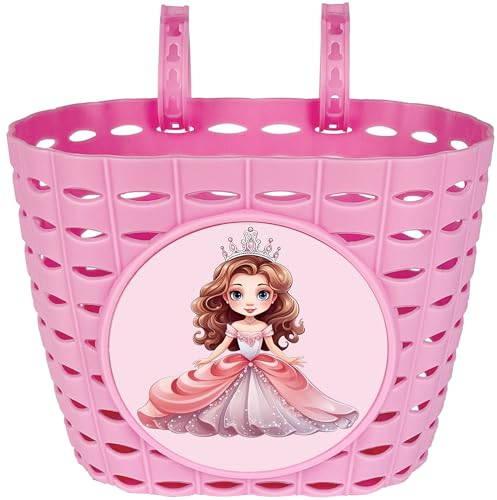 Dankeler Girls Pink Bike Basket, Cute Bicycle Front Handlebar Basket, Adjustable Plastic Tricycle Basket for Kids, Baby Girls, Toddlers (Princess)