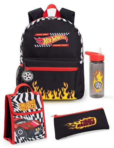 Hot Wheels Boys Backpack Set | Kids 4 Piece Black Rucksack Bundle with School Bag, Pencil Case, Lunch Bag & Water Bottle | Fire Finish Line Graphic Complete Matching Set | Back to School Gifts