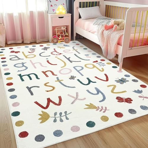 USTIDE Colorful Alphabet Letter Fluffy Wool Rug Soft Cream Abc Rug Machine Washable Non Slip Educational Carpet for Bedroom Living Room Classroom Decor, 150x200cm