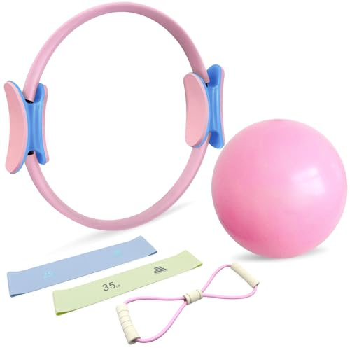 Sundonix Pilates Equipment Ring Kit for Women - Essential Home Set Including Pilates Circle, 2 Silicone Resistance Bands, Mini Yoga Ball and Back Opener Rope for Better You