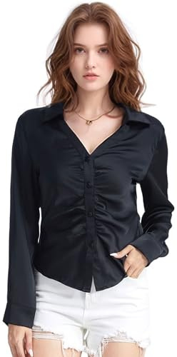 MISS MOLY Damblus i Satin Elegant Långärmad Chiffongskjorta Volang Satin Blusar Kontorsblus Tunika Knappar Toppar, Svart, S