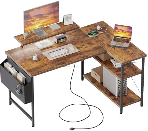 Mericonia L-shaped desk, 120x70cm gaming table with 2 storage compartments and LED, computer desk with monitor stand, reversible corner desk for home office, Brown