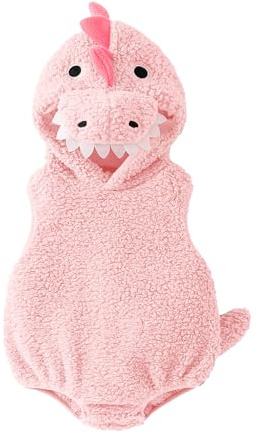 Carolilly Baby Boys Dinosaur Outfits Winter Warm Infant Baby Jumpsuit Newborn Hood Romper Plush Sleeveless Bodysuits Toddler Halloween Clothes (Pink, 3-6 Months)