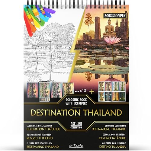 In Textu Livre de Coloriage Adulte Destination Thaïlande, Papier 200 g/m² | Reliure spirale, A4, qualité premium, 30 dessins, 300 modèles couleur, pour crayons et marqueurs Acrylique|Alcool|Eau