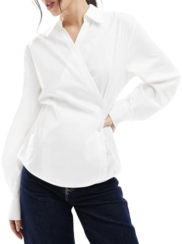 Women's Wrap Front Button Down Shirt, Long Sleeve Blouse with Cocoon Sleeves, Modern Office & Casual Tops (US, Alpha, Medium, Regular, Regular, White)