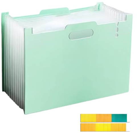 CHUANFU Trieur 13 Compartiments A4, PP Rangement Papier Administratif avec Onglets Colorés, Organiseur de Dossiers Accordéon, Étanche Pochettes et Trieurs à Soufflets pour Bureau Ecole Maison, Vert