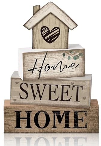 Nodrex Wooden House Decor Set Ornaments for Living Room, Rustic Ornaments for Shelves with Home Sweet Home Sign, Solid Wooden Shelf Decor, House Warming Gifts, Living Room Accessories