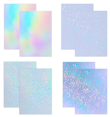 MYZWEL 8 Fogli Carta Olografica Adesiva A4, Pellicola Trasparente per Plastificazione a Freddo con 4 Effetti Creativi (Stelle, Vetro, Punti, Arcobaleno), Vinile Adesivo per Scrapbooking e Foto