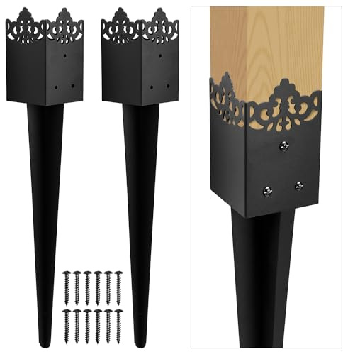 Fence Post Anchor 4''x4'', Heavy Duty Metal Fence Post Anchor Ground Spike 24''x4''x4'' for Fence, Mailbox, Bird Feeder, Decking, Banner, with The Black Powder Coating Cover on The Surface (Set 2)