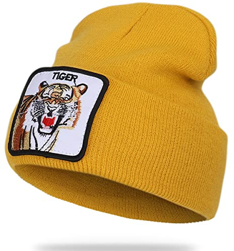 NLAND Berretto Beanie Berretto Unisex in Maglia Calda con Polsini Tinta Unita con Icona Ricamo Animale Berretto Invernale Caldo Berretto in Morbida Maglia Elastica(Giallo,Taglia Unica)