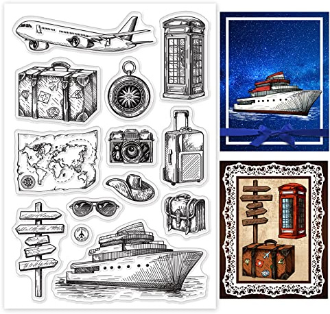 GLOBLELAND World Travel Trip Sellos Transparentes Maleta Mapa de Barco Sellos de Silicona Transparentes para Hacer Tarjetas DIY Scrapbooking Photo Journal Álbum Decoración
