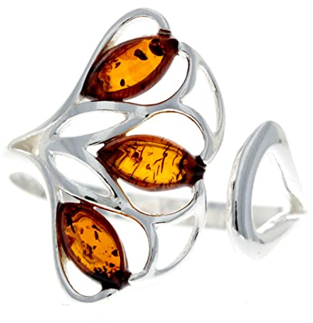 Silver Amber Jewellery GL716 - Anillo moderno de plata de ley 925 y ámbar báltico auténtico, talla única, Piedra preciosa., Ámbar