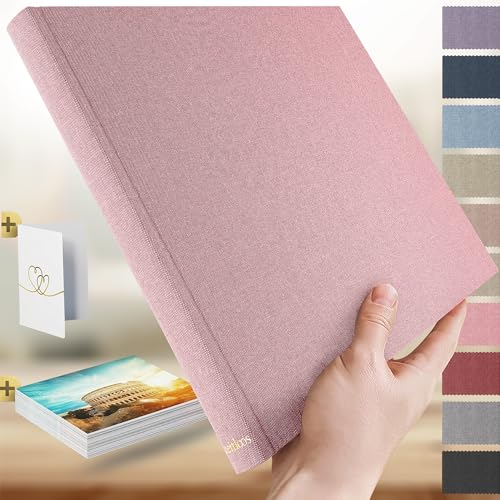 Zeitloos Fotoalbum zum Einkleben - Platz für 150 Fotos - echtes Leinen - Fotobuch 21 x 18 cm in Rosa - 50 weiße Seiten - Fotoalben sind das perfekte Geschenk.