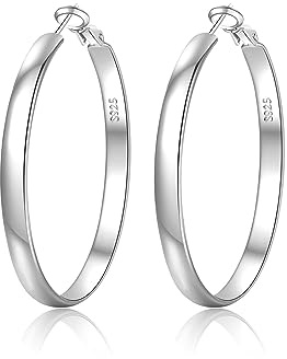 EXGOX Pendientes Mujer Plata 5MM Ancho Pendientes Aro Mujer Hipoalergenicos Pendientes Plata de Ley 925 Grandes Pendientes Dorados 14K Pendientes Aros Dorados 30/40/50/60/70mm