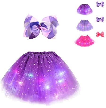 Tutu for Girls, Layere Tulle Skirt, Stars Sequins Tutu Skirt with Bow, LED Light Up Tutu Skirt for Toddler Girls 2-8 Years, Princess Ballet Dance Dress for Christmas, Birthday Purple