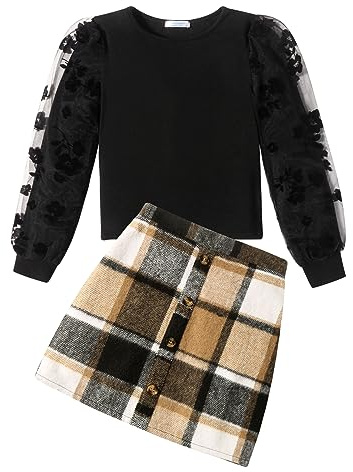 Arshiner Ragazze Completi di Abbigliamento Bambine Elegante Top a Maniche Lunghe con Plaid Gonna Set Autunno Inverno Outfit Moda Coordinati per Ragazze 9-10 Anni
