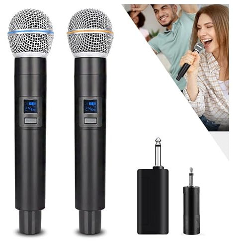 HUACAM Micrófono Inalámbrico 2.4G, Micrófono Dual Karaoke, Micrófono Dinámico Inalámbrico con Receptor Recargable, Plug and Play, Adecuado para Voz, Boda, Iglesia, Sistema de megafonía (W58-2.4g)