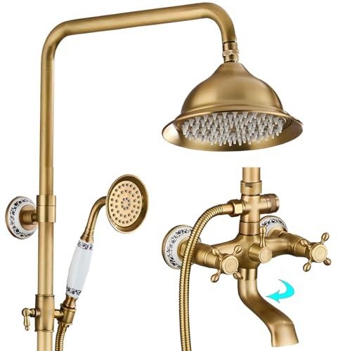 Colonna Doccia con Miscelatore Antico, 3 Funzioni Bronzo Sistema Doccia, 8in/20cm Soffione Doccia, Doccetta con Decorazione in Porcellana Bianca e Blu, Rubinetto per Vasca Girevole a 90°