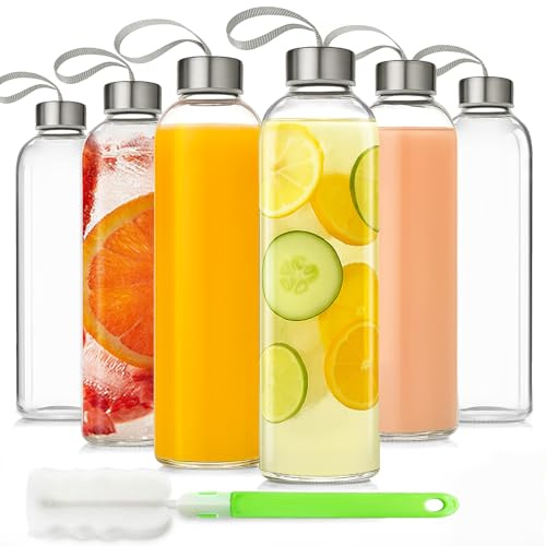 UPBUD Lot de 6 bouteilles en verre de 532 ml avec couvercles, sangle de transport, bouteilles d'eau en verre réutilisables, sans BPA, anti-fuite, à large goulot, pour smoothie, thé, café, infusion à