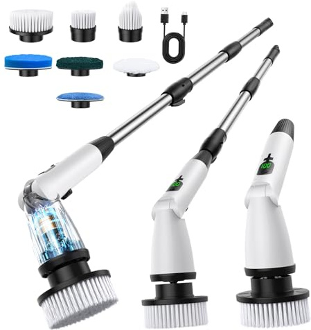 11 in 1 Electric Spin Scrubber Cordless Cleaning Brush 3 Adjustable Angles 2 Adjustable Speeds LED Display Shower Cleaner Brush Supplies Extension Long Handle for Bathroom Floor Tile Toilet Waterproof