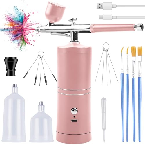 Kit aérographe sans fil avec compresseur, kit aérographe portable rechargeable à batterie avec pistolet aérographe à main + accessoires de nettoyage pour maquillage, design d'ongles, décoration de