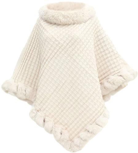 NLAND Women's Knitted Poncho Soft Elegant Cape Coat Winter Warm Shawl Wrap with Faux Fur Collar Trim for Fall Winter(Beige)