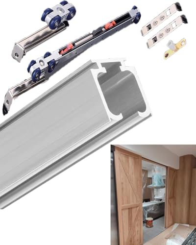 Kit per porta scorrevole con chiusura ammortizzata, 1,8 m, per soffitti, pannelli pieghevoli e pieghevoli, sistema di binario nero e gancio per un funzionamento fluido