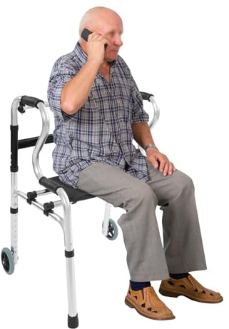 Déambulateur pour seniors avec siège et roues, pliable et léger, en aluminium, avec une capacité de charge allant jusqu'à 220 livres, réglable en hauteur pour les personnes âgées, les adultes