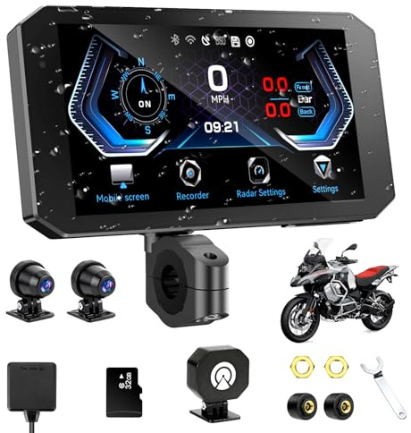 52HZ Motorcycle Carplay Android Auto with 5.5 Waterproof Touchscreen, TPMS, Millimeter Wave Radar, GPS Navigation,Dual 2K Dash Cam,BT,Real-time Alerts,OTA Updates,Quick Release Anti-Theft Mount
