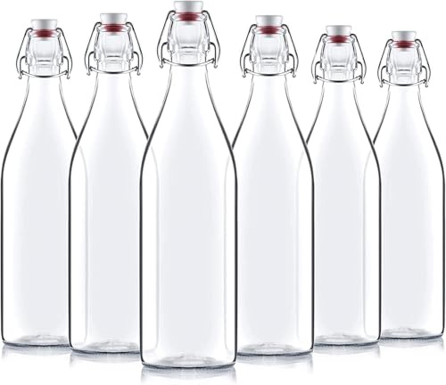 Bormioli Rocco Giara Swing Top Bottles 33 ¾ Ounce/1 Liter (6 Pack) ROUND Clear Glass Grolsch Flip Top Bottle With Stopper