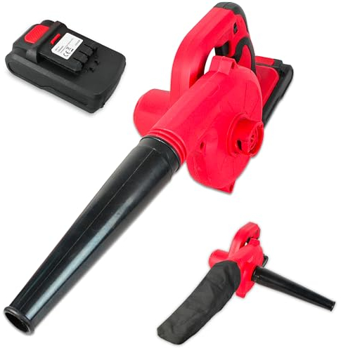 FISHTEC Soplador de Hojas de jardín inalámbrico de 18 V - Reversible a Aspirador - 3 velocidades - con Bolsa - Batería Recargable de Iones de Litio -Cargador - 55 CM - Volumen de Aire 2,8 m³/h - Rojo